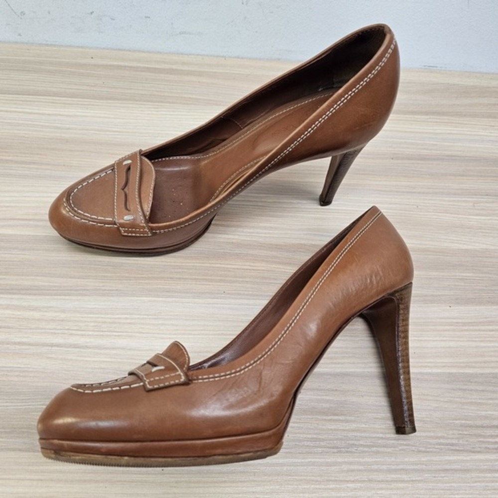 Brown Italian Loafer Heels Womens 9 39.5 SERGIO ROSSI Leather Platform Pumps